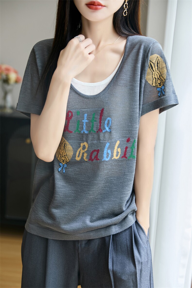夏季新款14针竹节麻假两件兔子短袖女修身显瘦百搭时尚休闲上衣,女装T恤,贵皇网供仓