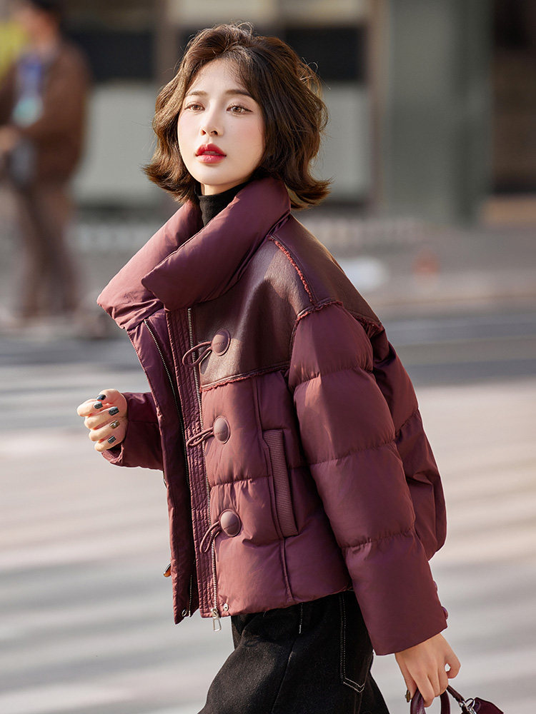 小个子羽绒服女2024冬季新款独特超好看设计感短款红色拼皮厚外套,女装羽绒服,靓衣阁