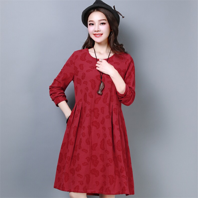 2021棉麻连衣裙文艺森女系中袖绣花刺绣宽松大码中长裙子,女装连衣裙,涵誉