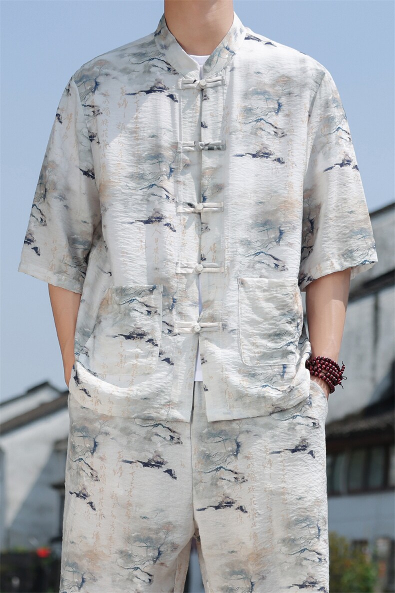 2025夏季新款风男装盘扣新中式唐装古畫印花衬衫C113-P50,男装衬衫,电商B277(原6028)