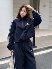 黑色韩系条纹休闲外套上衣抽绳阔腿裤两件套女秋季新款运动风套装，女装套装/套裙，浙宝305