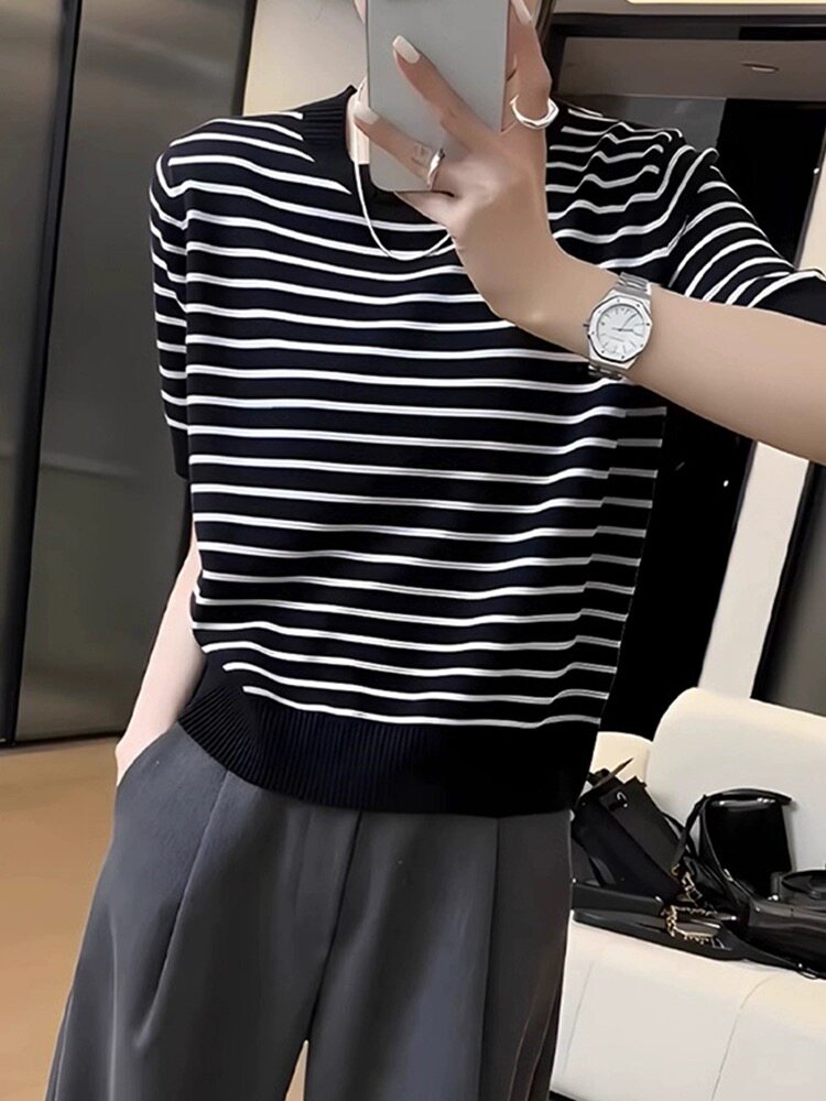 复古时尚条纹薄款短袖针织衫女夏季套头,针织衫/毛衣,圣旺供货