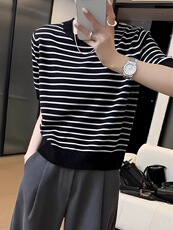 复古时尚条纹薄款短袖针织衫女夏季套头，女装针织衫/毛衣，圣旺供货
