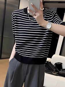 复古时尚条纹薄款短袖针织衫女夏季套头图片