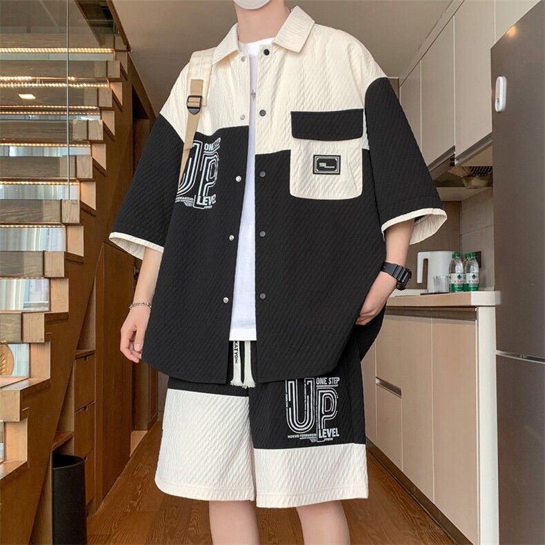 2025新款短袖衬衫套装潮流帅气夏季衬衣短裤套装A436-T12-P65,男装休闲套装,电商A436