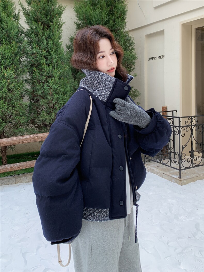藏青色针织拼接短款羽绒服女2025冬新款设计感小个子90白鸭绒外套,女装羽绒服,辉之琳