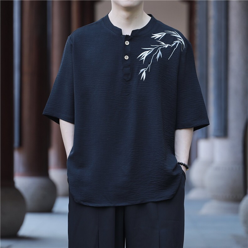夏季冰丝立领短袖夏季凉感风刺绣新中式大码垂感T恤男T812P55，男装T恤，电商A021A