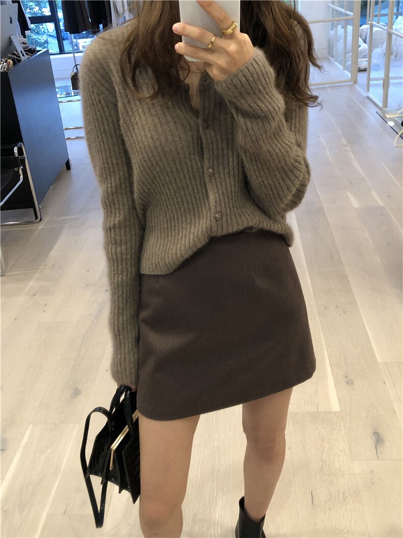 V领百搭加厚纯毛竖条开衫慵懒风纯色针织外套,女装羊毛衫,欣美羊绒