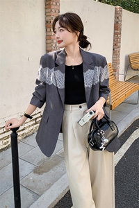 蕾丝拼接灰色西装外套女2025春季新款韩系休闲气质高级感炸街西服图片