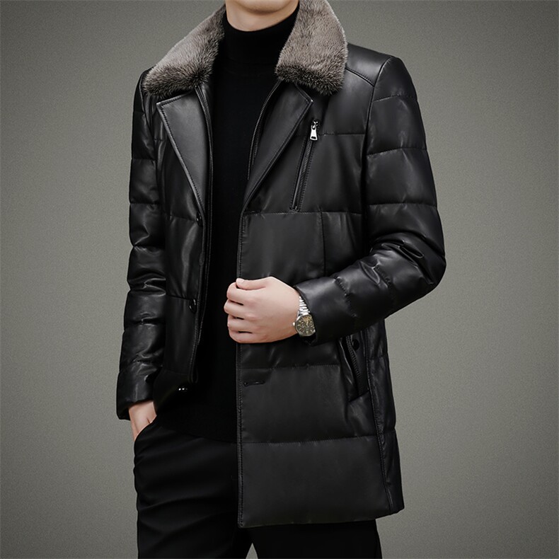 皮衣男冬季加厚保暖皮羽绒服外套中年商务休闲毛领上衣男装图片