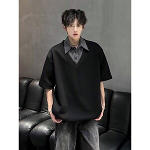 【XZ1112-1】男短袖杉翻领假两件POLO杉T恤五分袖 P37 YW71，男装T恤，星座1112-1