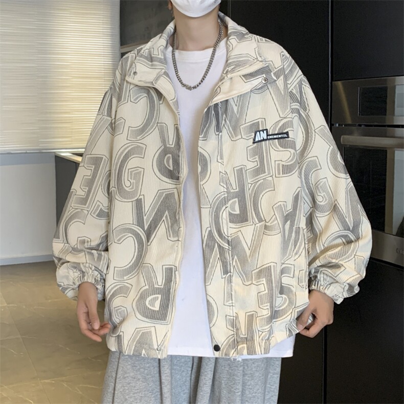 22款秋季新款港风 休闲宽松灯芯绒字母夹克图片