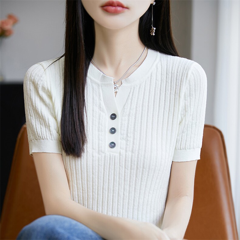 半开V领显瘦短袖t恤女夏2025新款打底衫洋气大码女装针织上衣,女装T恤,皓宇羊绒
