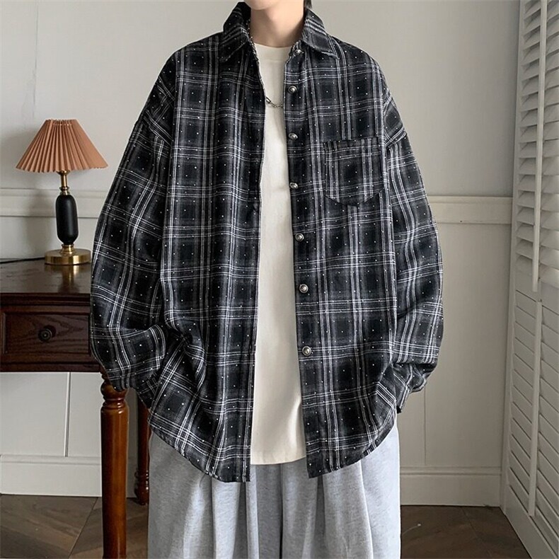 D8879-P50美式复古格子衬衫男女外套春秋季设计感宽松衬衣上衣潮,男装衬衫,星座603-2