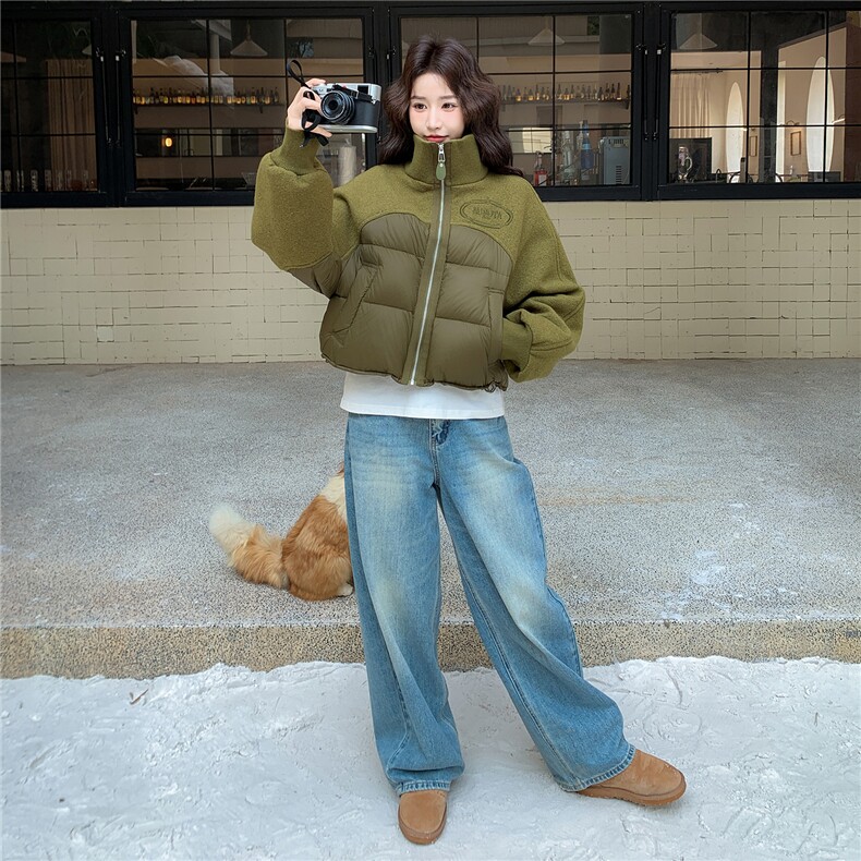 短款立领毛呢拼接羽绒服女2025冬季新款小个子白鸭绒面包服外套潮,女装羽绒服,琦鑫阁（原依鑫阁）