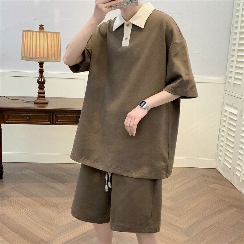 夏上新学生潮牌翻领T恤套装运动休闲短裤T恤男女 7608-P70控价98图片