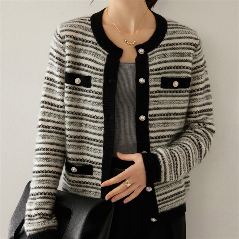 精致优雅小香风毛衣外套女纯山羊绒衫圆领单排扣条纹针织开衫，女装羊绒衫，轩妮羊绒