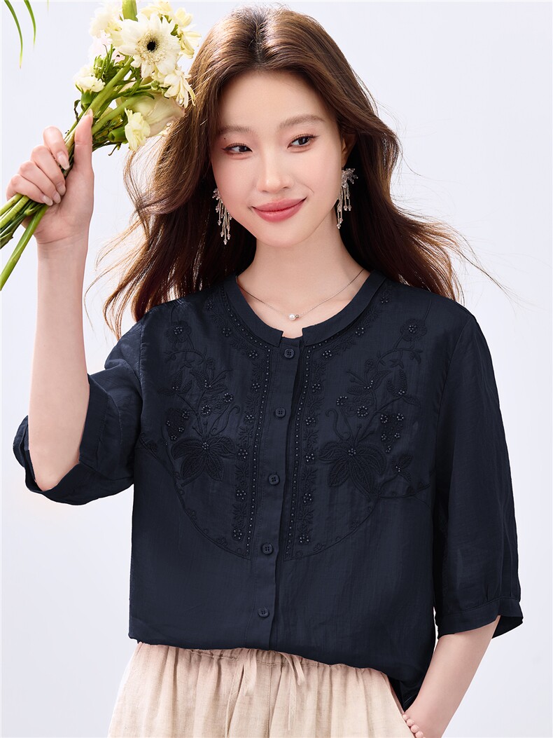 2026夏季苎麻时尚简约大方气质优雅刺绣休闲透气上衣,女装衬衫,独衣靓