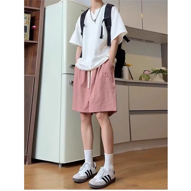 多巴胺粉红色美式五分休闲短裤男夏季字母刺绣速干冰丝凉感山本裤图片