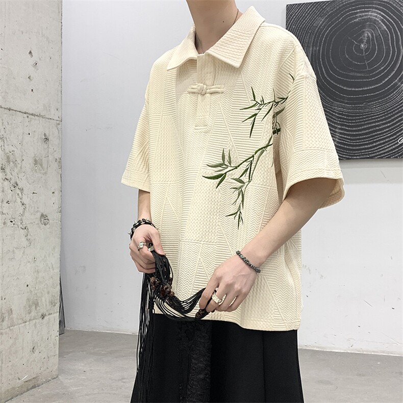 早春重磅风新中式竹子刺绣盘扣短袖POLO衫宽松休闲男女衬衫,男装Polo衫,星座909