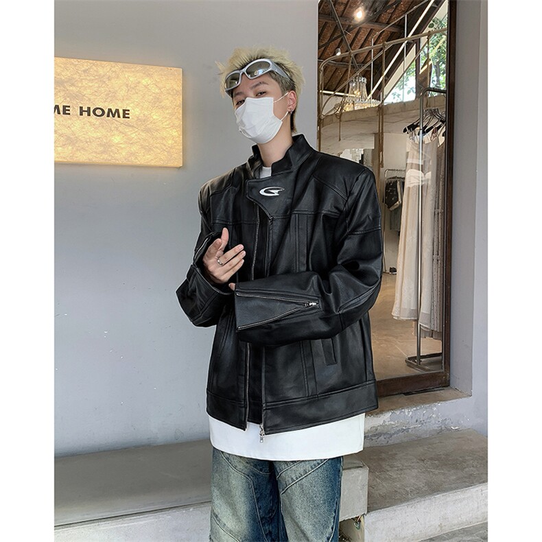 美式立领机车皮衣男春秋短款垫肩夹克宽松飞行外套潮牌J85522-p83,男装夹克,星座1008