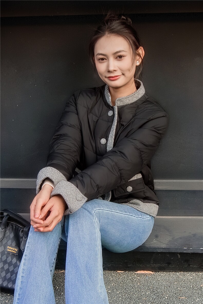2025新款小香风外套立领拼色羽绒服,女装羽绒服,沫晗依美