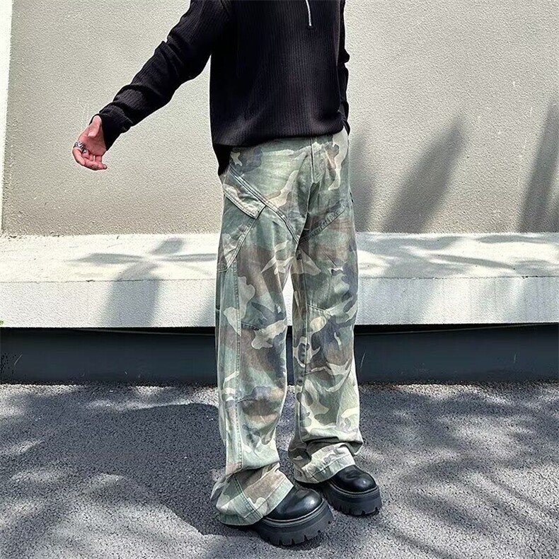 做旧复古迷彩工装裤男秋四季美式潮牌宽松直筒微喇长裤子,男装牛仔裤,星座506A