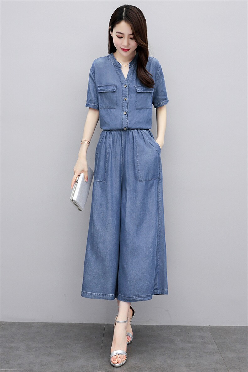 天丝牛仔套装女夏季2025新款时尚减龄遮肚子显瘦薄款阔腿裤两件套,女装套装/套裙,魅影