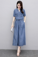 天丝牛仔套装女夏季2025新款时尚减龄遮肚子显瘦薄款阔腿裤两件套，女装套装/套裙，魅影