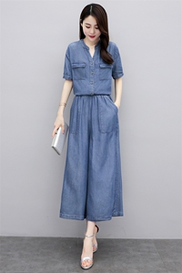 天丝牛仔套装女夏季2025新款时尚减龄遮肚子显瘦薄款阔腿裤两件套图片