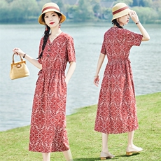 棉麻连衣裙2023夏装新款时尚盘扣收腰裙短袖复古文艺，女装连衣裙，铭街依杨