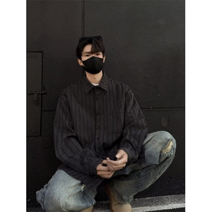 日系复古条纹百搭衬衫男长袖宽松翻领休闲衬衣外套潮 J08-P52图片