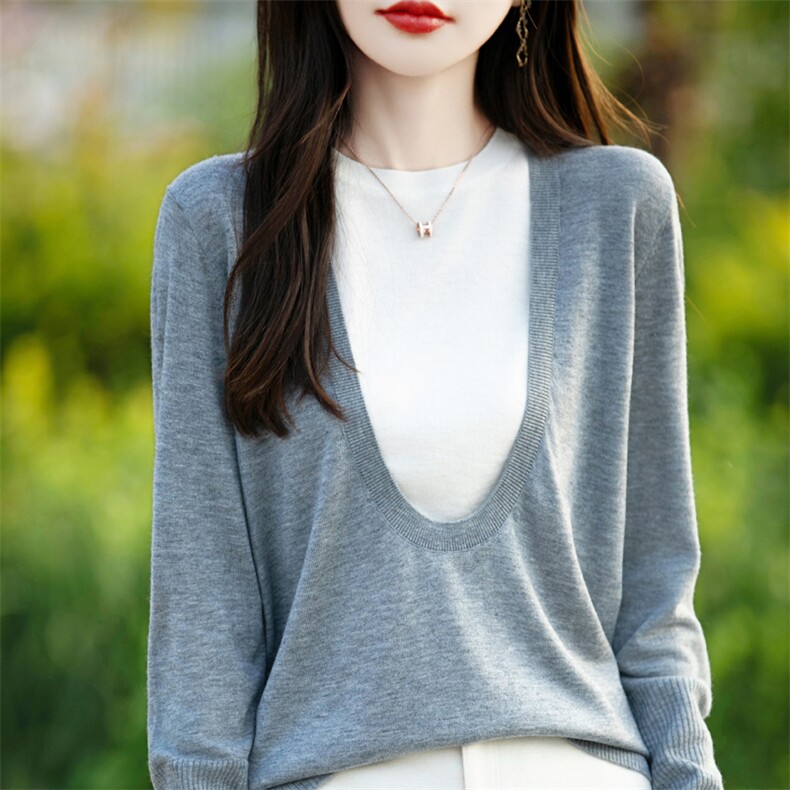 秋冬新款精纺羊毛针织衫女圆领拼色假两件长袖毛衣宽松上衣打底衫，女装羊毛衫，总能电商供货