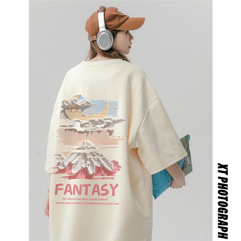 中性风夏季时尚复古百搭雪山印花纯棉宽松短袖T恤T6091P25控38图片