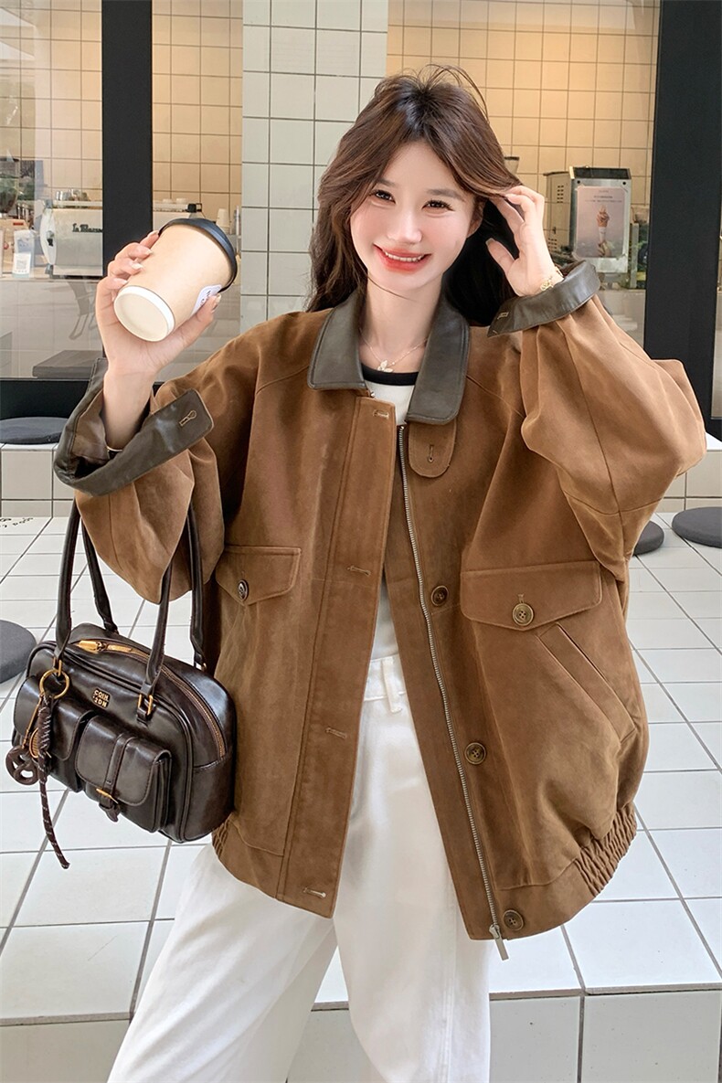 美拉德穿搭棕色工装外套女春秋2025新款超火好看高级小众夹克上衣,女装短外套,2C085