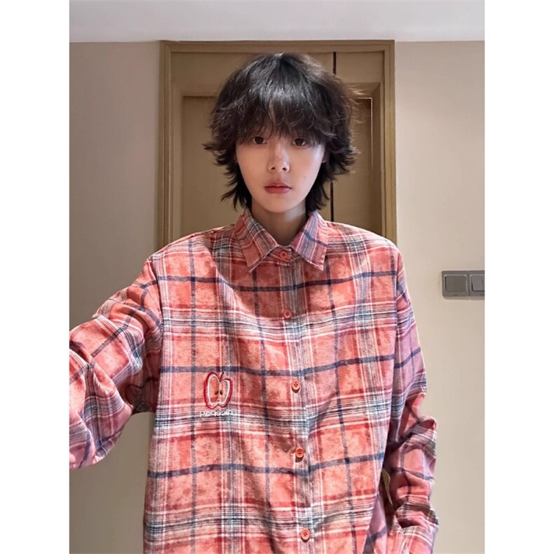 CS106-P50苹果刺绣红色格子衬衫男秋季慵懒风长袖衬衣美式,男装衬衫,电商B323A