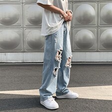 个性破洞牛仔裤男直筒宽松ins九分休闲裤情侣乞丐裤子NK8098-P40图片