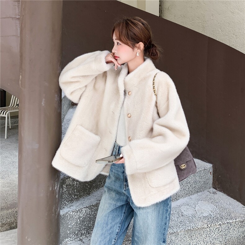 高级感轻奢小香风立领仿水貂毛绒环保皮草女冬季保暖毛毛大衣外套，女装棉衣/棉服，维壹