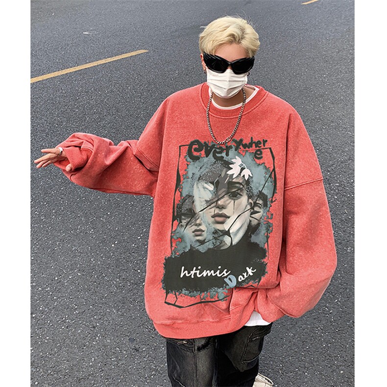 美式高街水洗做旧重磅宽松涂鸦印花圆领套头卫衣B289-WY166-P58,男装卫衣,电商B289