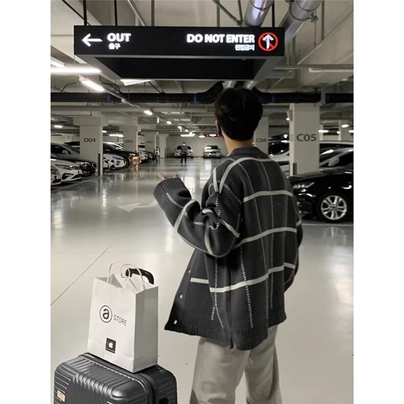 774-P47休闲2025年春秋新款潮流开衫男韩版英伦格子条纹毛衣,男装针织衫/毛衣,电商B323A
