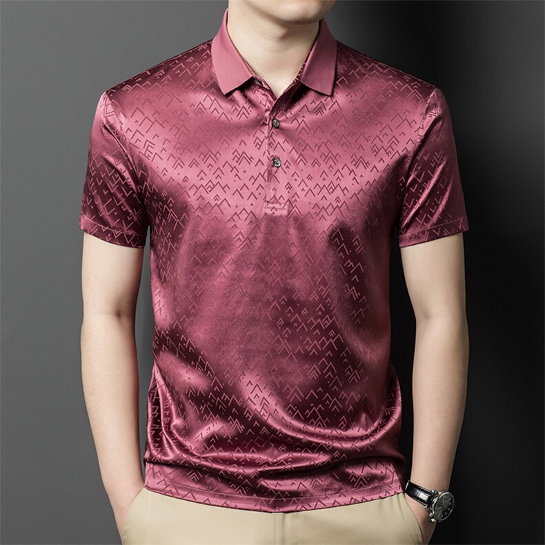 夏季高端品质提花半袖短袖polo衫薄款绸缎男休闲真丝上衣，男装T恤，钱塘6003B