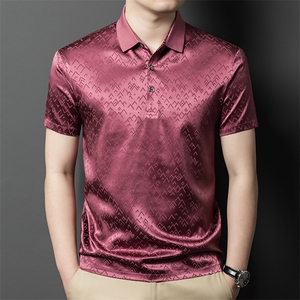 夏季高端品质提花半袖短袖polo衫薄款绸缎男休闲真丝上衣，男装T恤，钱塘6003B