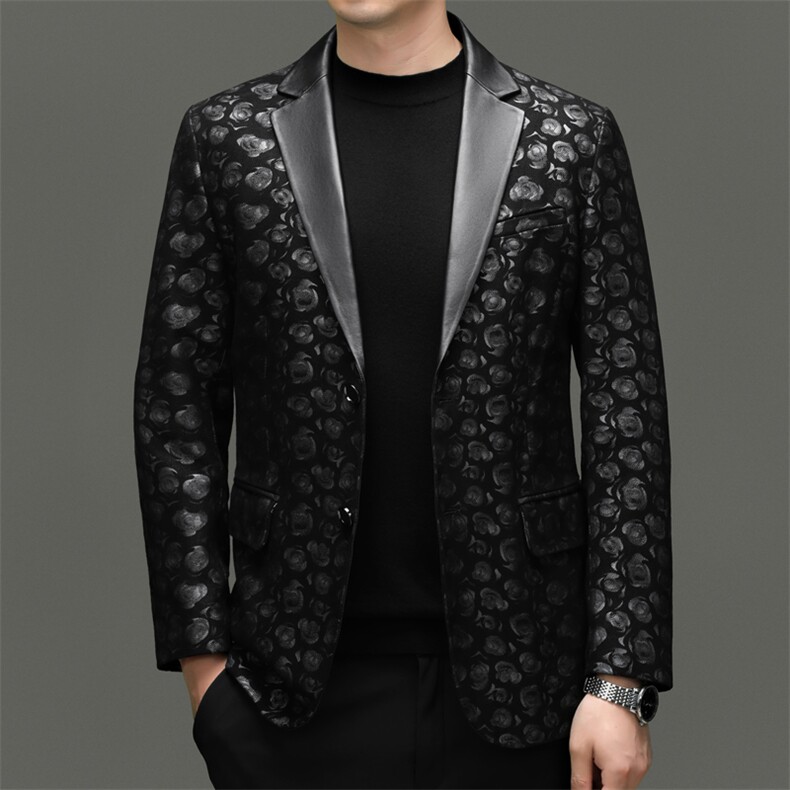 BG8113春秋款海宁真皮皮衣男绵羊皮印花西服商务休闲男装外套图片