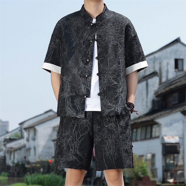 2025夏季新款风男装新中式盘扣肌理感套装短袖+短裤A98-P105,男装休闲套装,电商B277(原6028)