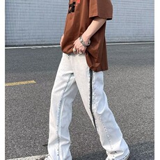 3080-P52解构黑色弯刀牛仔裤男女潮流阔腿宽松风哈伦微喇裤子，男装牛仔裤，电商B323A