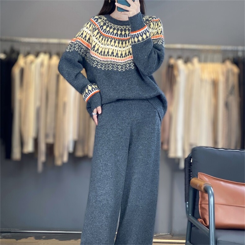 2025年秋季新款百搭女士重工三股加厚费尔岛套装,女装羊毛衫,宛庄羊绒