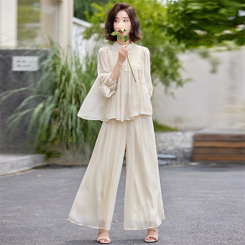 超仙时尚雪纺套装女2025春夏新款半透减龄显瘦流行阔腿裙裤三件套,女装套装/套裙,水衣源