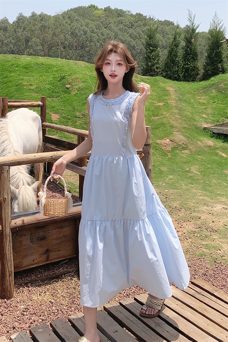 蓝色甜美减龄无袖连衣裙女夏新款海边度假小个子森系显瘦别致长裙,女装连衣裙,2C285