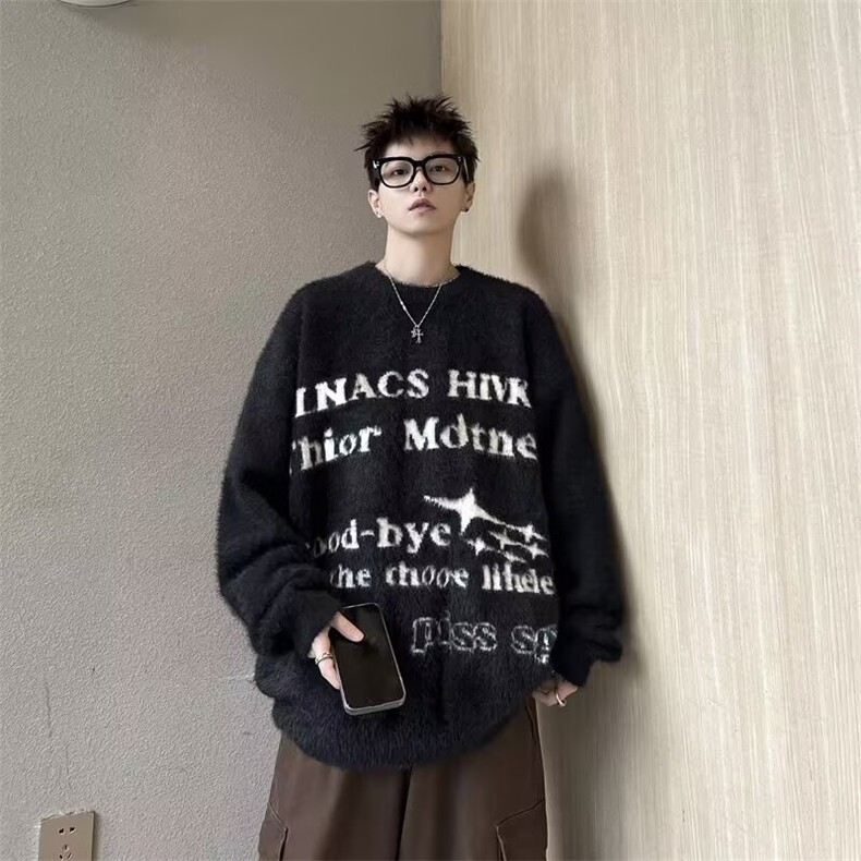 美式冬季圆领字母提花水洗貂毛毛衣男潮牌时尚加厚保暖针织衫潮图片