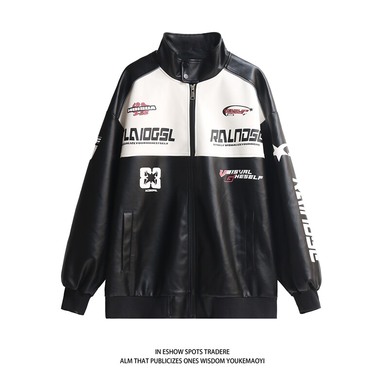 白底秋装2023机车服pu皮衣男女情侣宽松夹克秋季大码外套S246P118，男装皮衣，电商A233-2